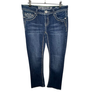 Hydraulic Slim Bootcut Dark Wash Contrast Stitch Jeans With Embellished Pockets